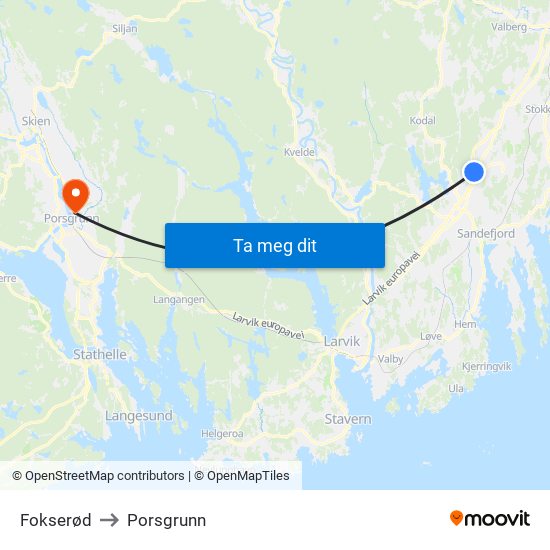 Fokserød to Porsgrunn map