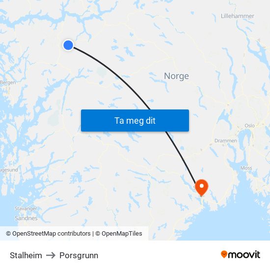 Stalheim to Porsgrunn map