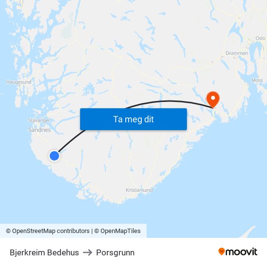 Bjerkreim Bedehus to Porsgrunn map