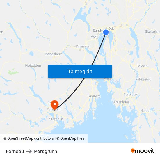 Fornebu to Porsgrunn map