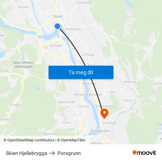 Skien Hjellebrygga to Porsgrunn map