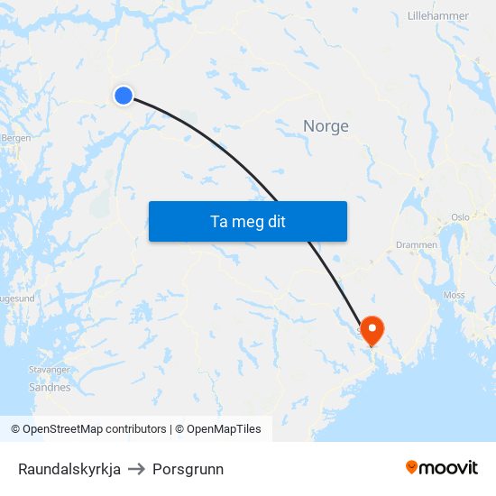 Raundalskyrkja to Porsgrunn map