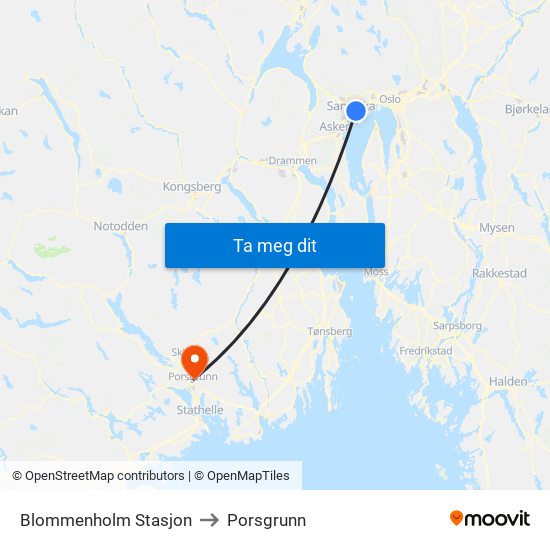 Blommenholm Stasjon to Porsgrunn map