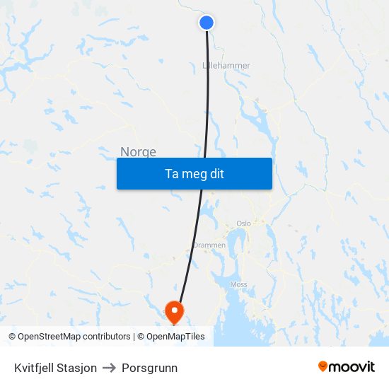 Kvitfjell Stasjon to Porsgrunn map