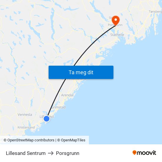 Lillesand Sentrum to Porsgrunn map