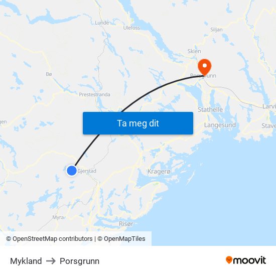 Mykland to Porsgrunn map