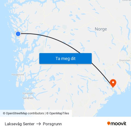 Laksevåg Senter to Porsgrunn map