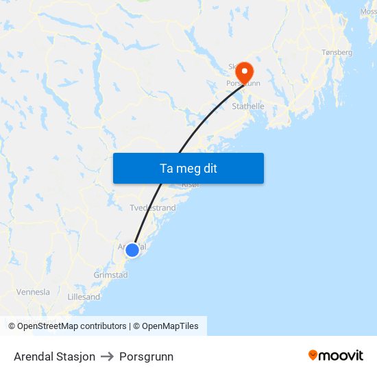 Arendal Stasjon to Porsgrunn map