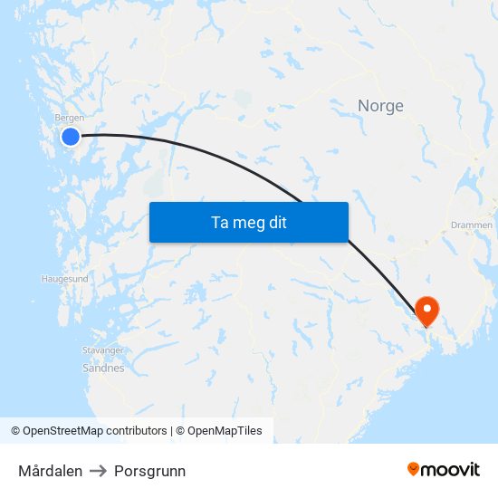 Mårdalen to Porsgrunn map
