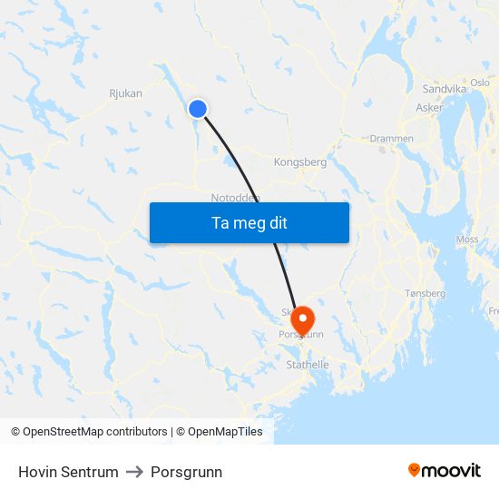Hovin Sentrum to Porsgrunn map