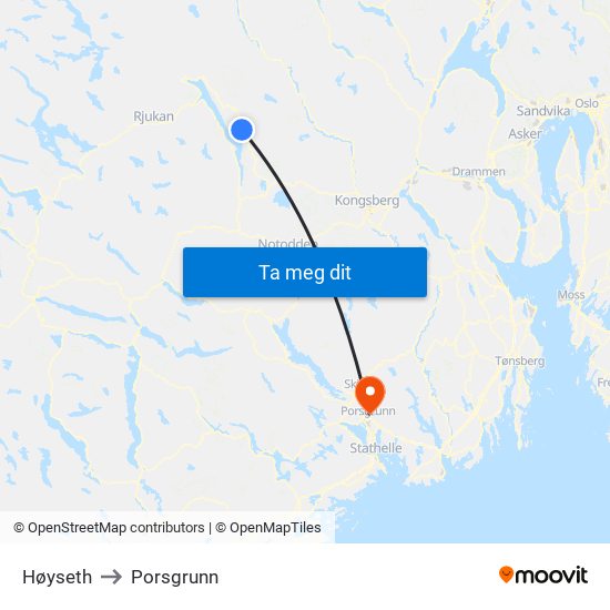 Høyseth to Porsgrunn map