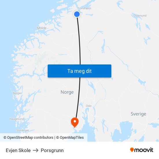 Evjen Skole to Porsgrunn map