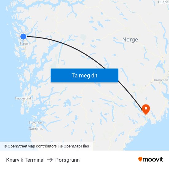 Knarvik Terminal to Porsgrunn map