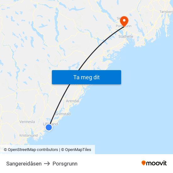 Sangereidåsen to Porsgrunn map