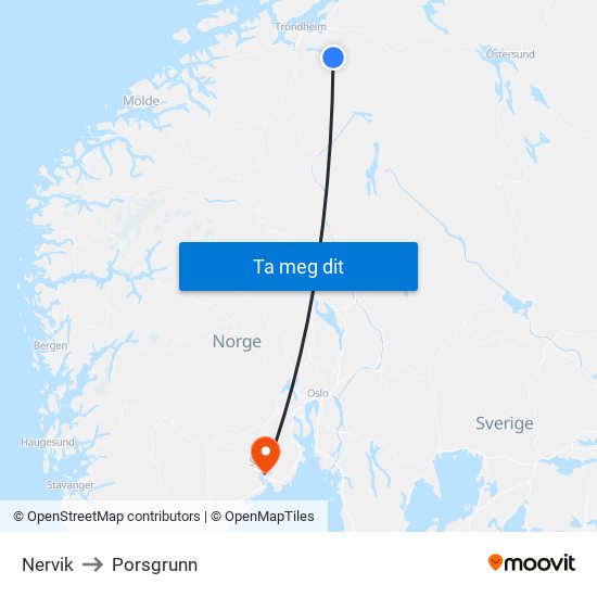 Nervik to Porsgrunn map
