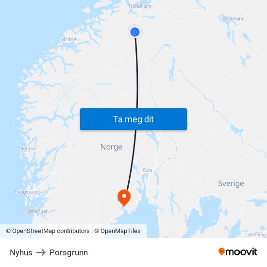 Nyhus to Porsgrunn map