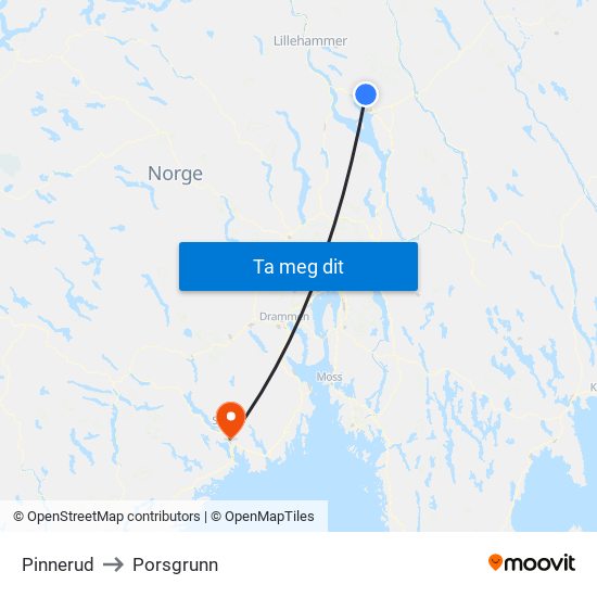 Pinnerud to Porsgrunn map