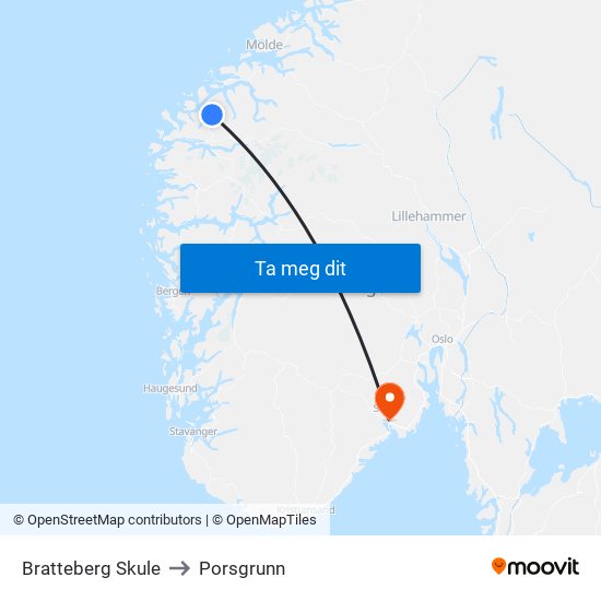 Bratteberg Skule to Porsgrunn map