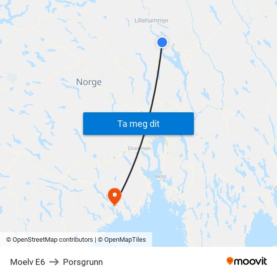 Moelv E6 to Porsgrunn map