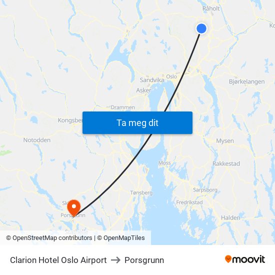Clarion Hotel Oslo Airport to Porsgrunn map