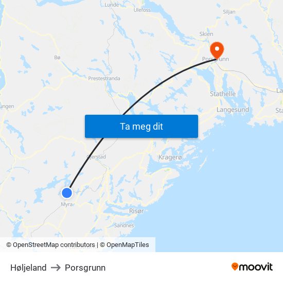 Høljeland to Porsgrunn map