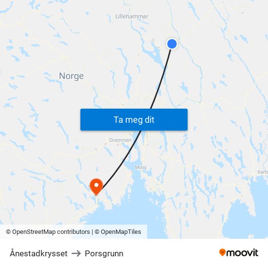 Ånestadkrysset to Porsgrunn map