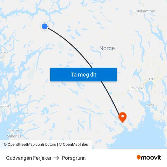 Gudvangen Ferjekai to Porsgrunn map