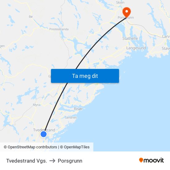 Tvedestrand Vgs. to Porsgrunn map