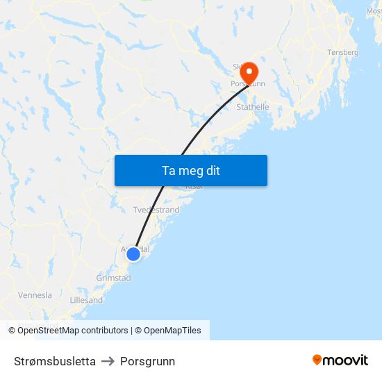 Strømsbusletta to Porsgrunn map