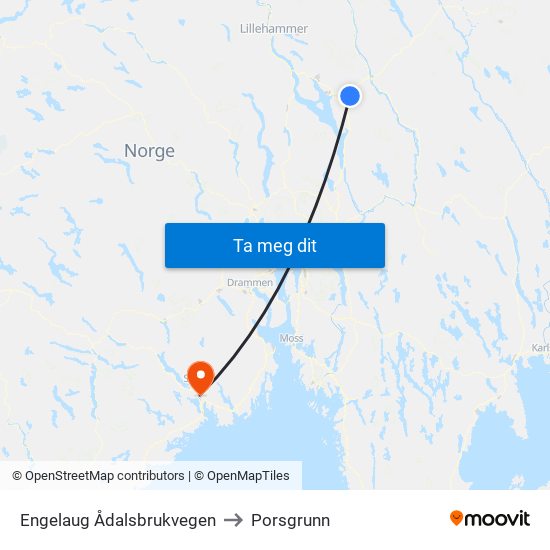 Engelaug Ådalsbrukvegen to Porsgrunn map