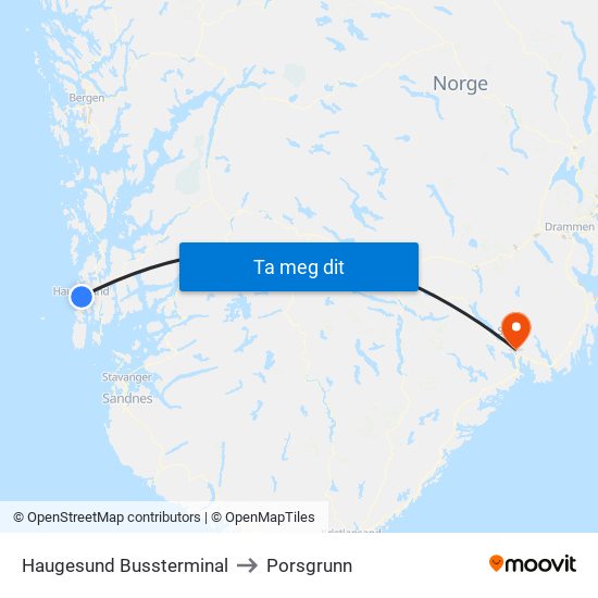 Haugesund Bussterminal to Porsgrunn map