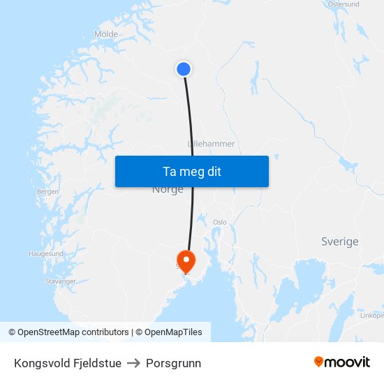 Kongsvold Fjeldstue to Porsgrunn map