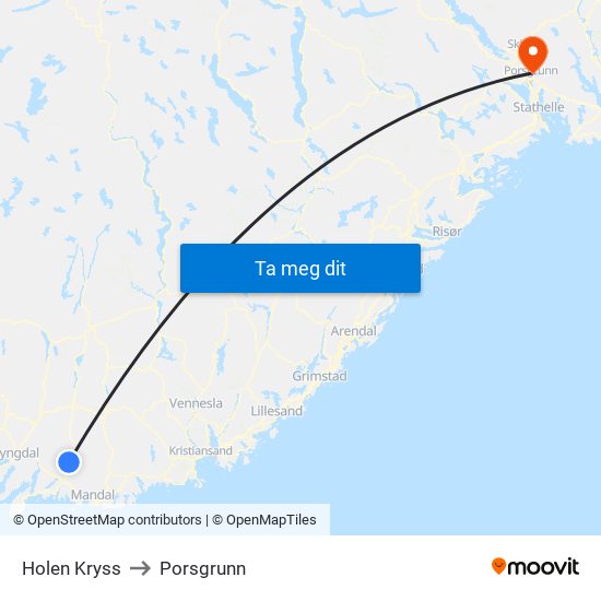 Holen Kryss to Porsgrunn map