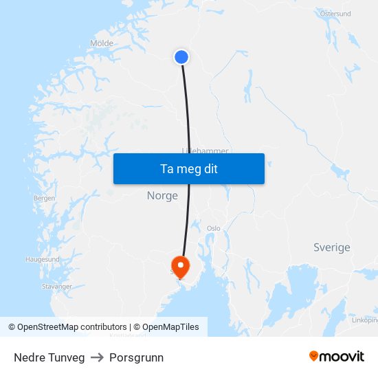 Nedre Tunveg to Porsgrunn map