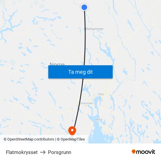 Flatmokrysset to Porsgrunn map