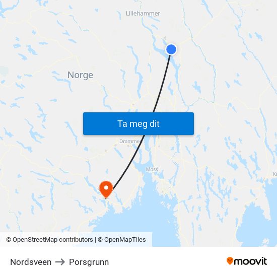 Nordsveen to Porsgrunn map