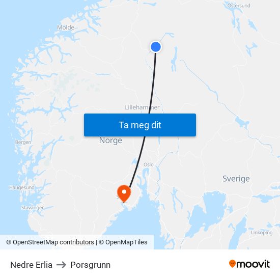 Nedre Erlia to Porsgrunn map