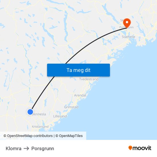 Klomra to Porsgrunn map