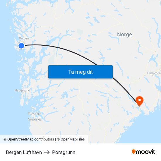 Bergen Lufthavn to Porsgrunn map