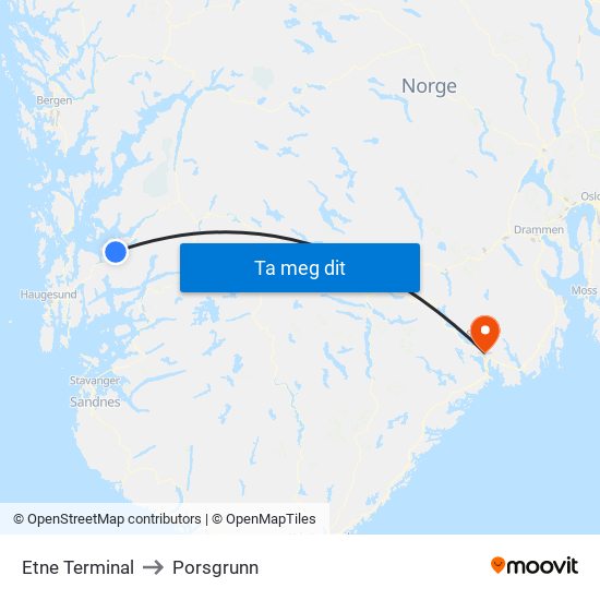 Etne Terminal to Porsgrunn map