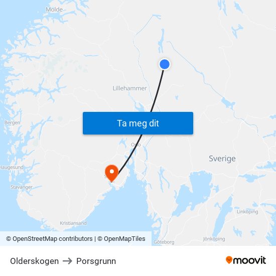 Olderskogen to Porsgrunn map