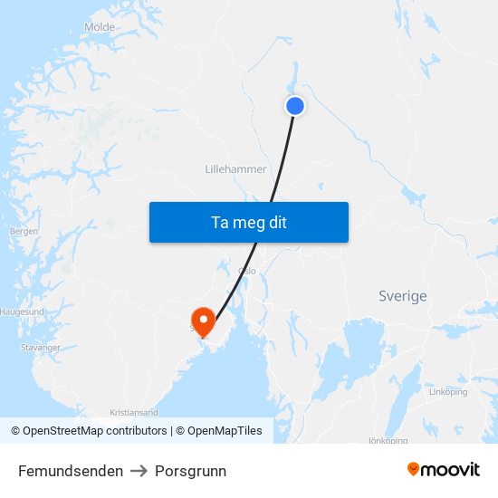 Femundsenden to Porsgrunn map
