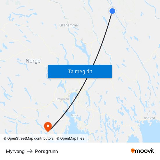 Myrvang to Porsgrunn map