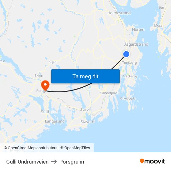 Gulli Undrumveien to Porsgrunn map