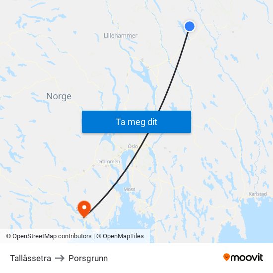 Tallåssetra to Porsgrunn map