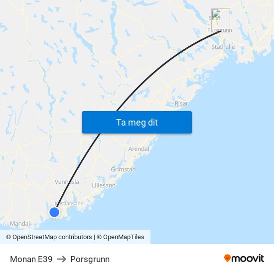 Monan E39 to Porsgrunn map