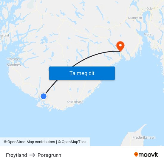 Frøytland to Porsgrunn map