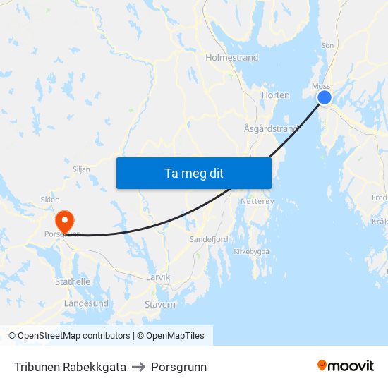 Tribunen Rabekkgata to Porsgrunn map