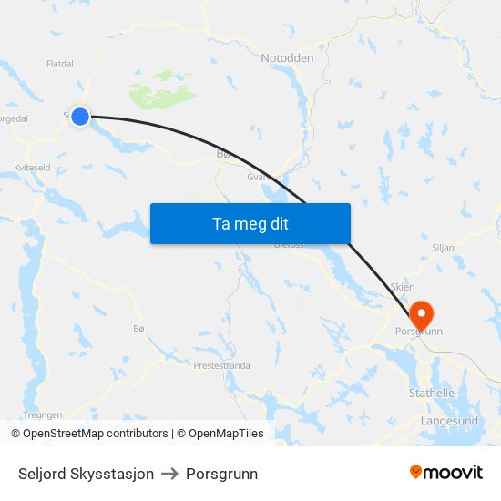 Seljord Skysstasjon to Porsgrunn map
