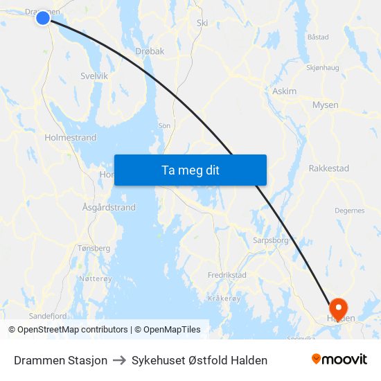 Drammen Stasjon to Sykehuset Østfold Halden map